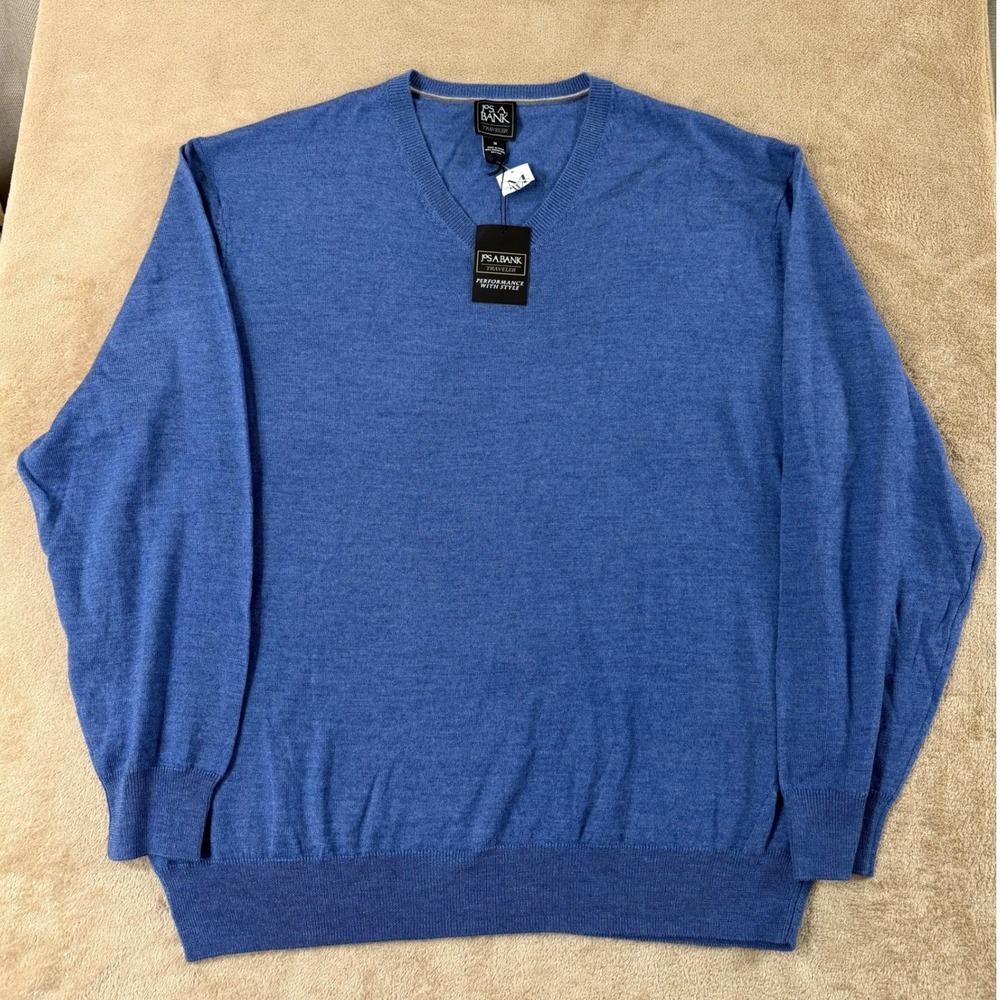 Jos. A. Bank Traveler V-Neck Sweater Mens Size 2X Blue 100% Merino Wool‎ NWT